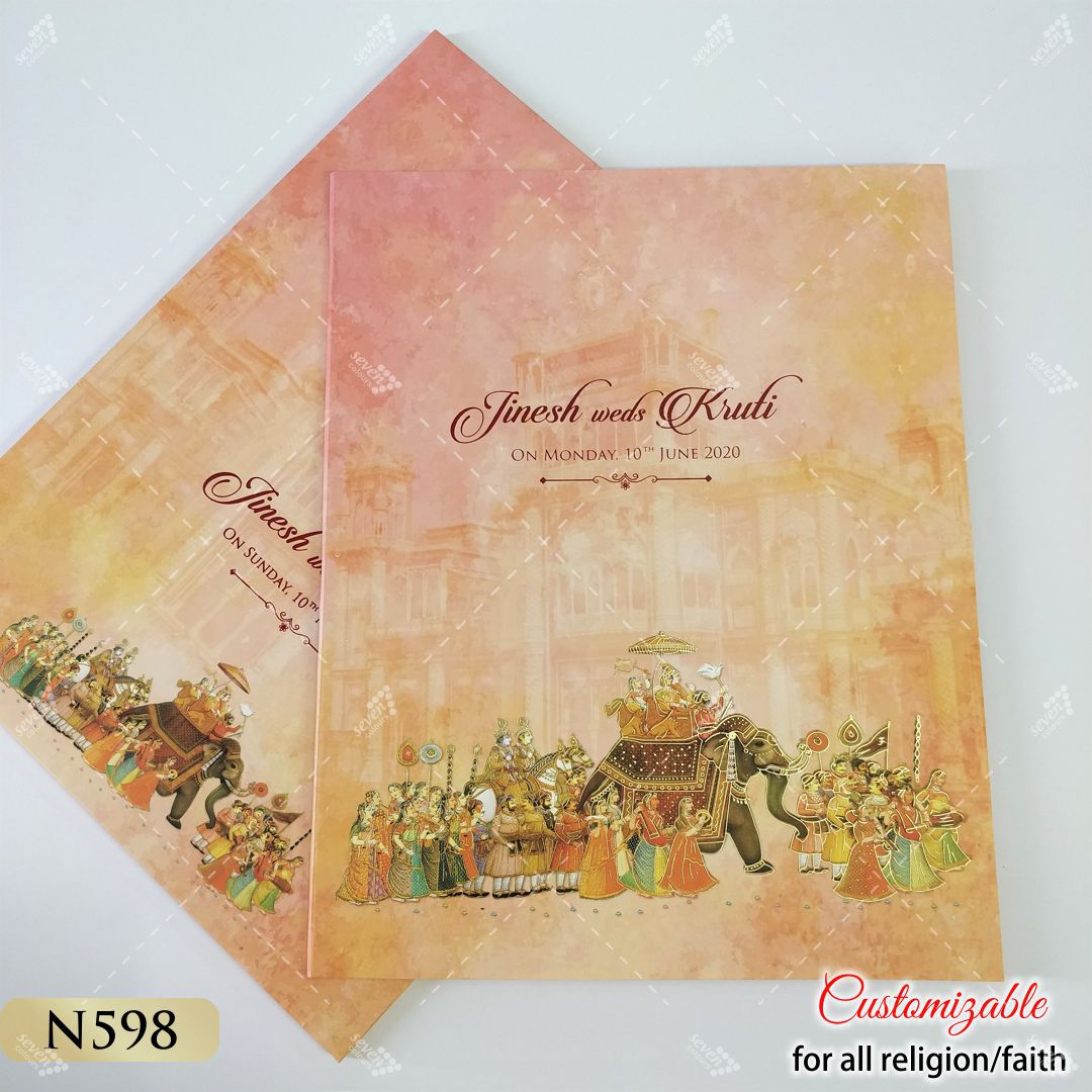 peach colour indian wedding procession theme card - baraat style on elephant