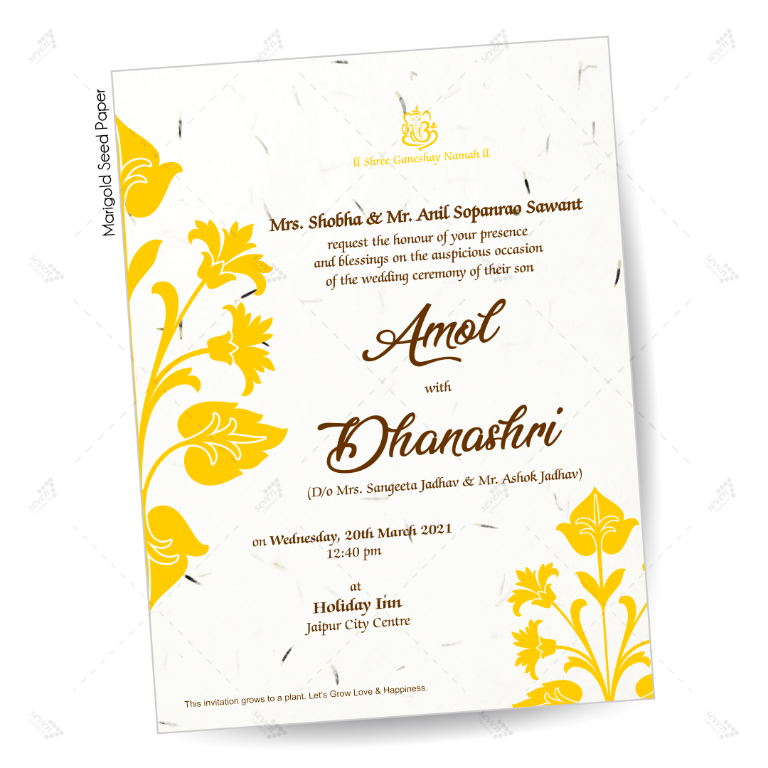 marigold seed paper invitation in yellow and brown printing leaves design